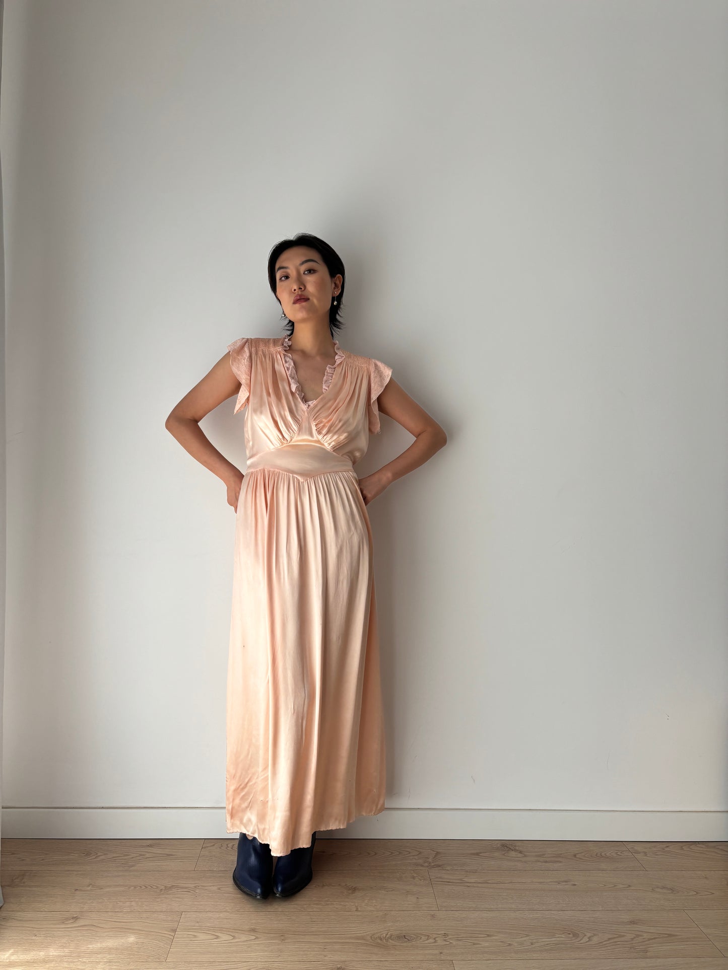 1930s Antique Lace Pastel Pink Pure Silk Satin lace Bridal Slip Dress