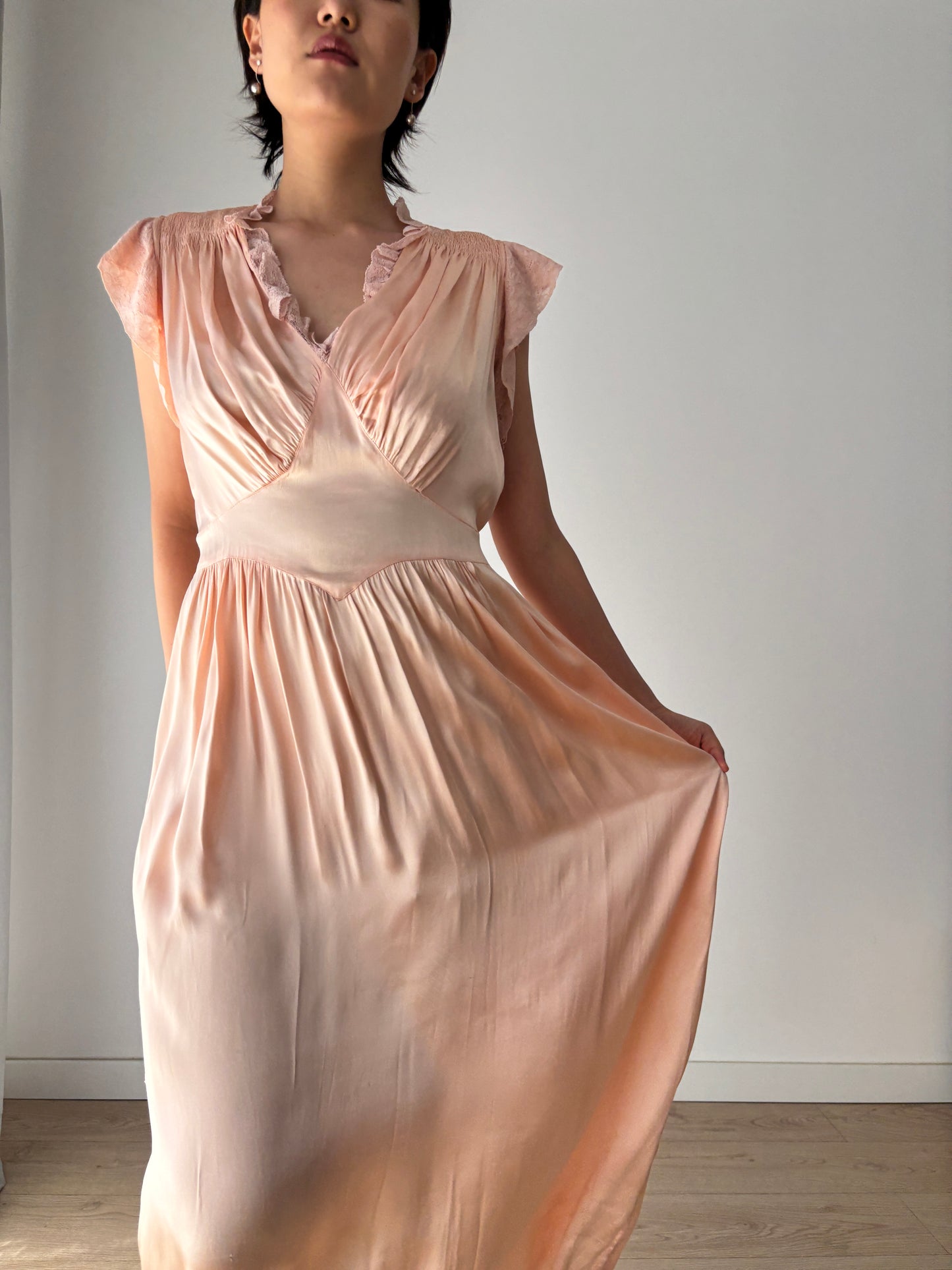 1930s Antique Lace Pastel Pink Pure Silk Satin lace Bridal Slip Dress