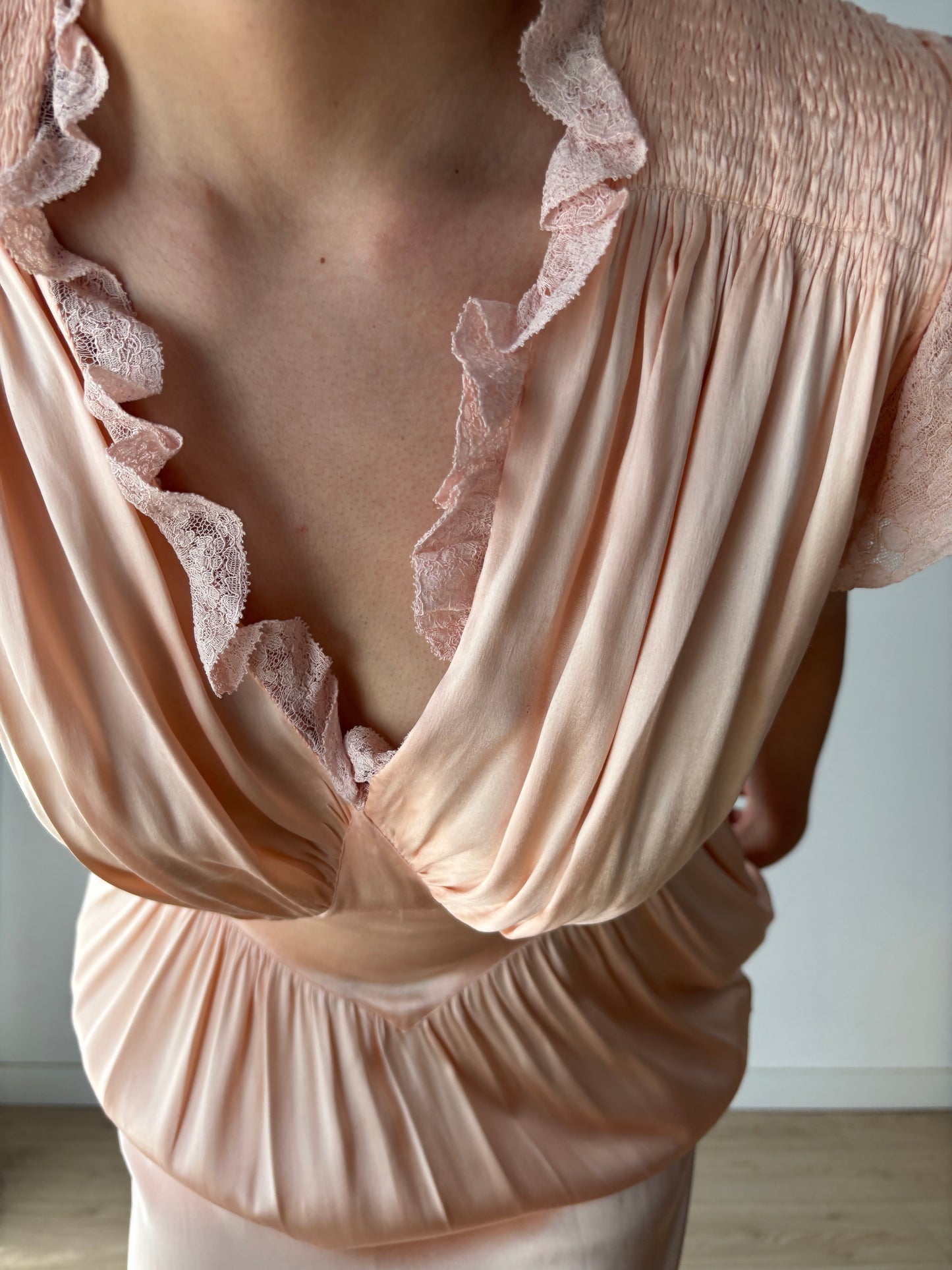 1930s Antique Lace Pastel Pink Pure Silk Satin lace Bridal Slip Dress