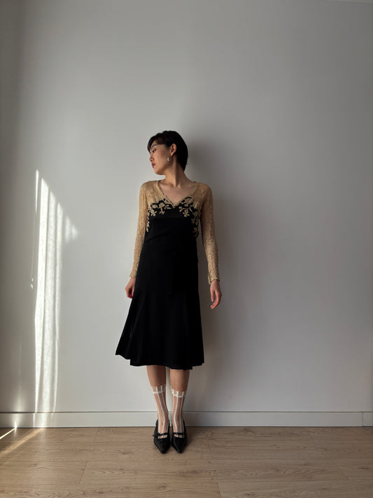 1930s Black Silk Chiffon Dress Set: Bias Cut with Floral Lace Appliqué