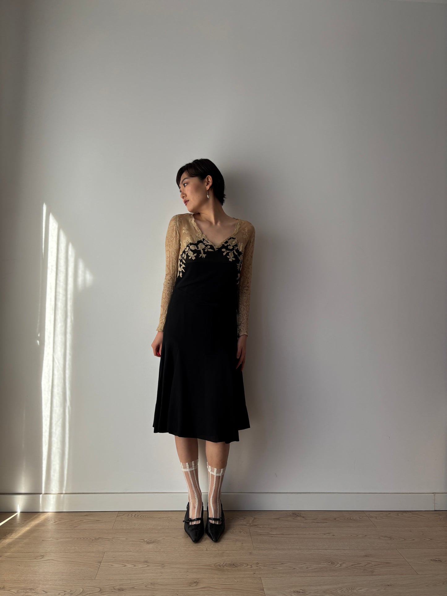 1930s Black Silk Chiffon Dress Set: Bias Cut with Floral Lace Appliqué