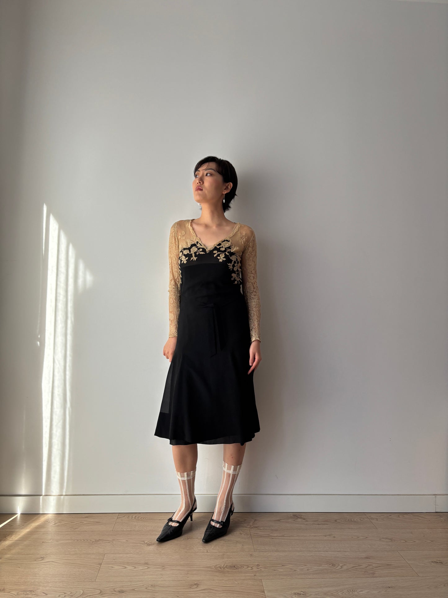 1930s Black Silk Chiffon Dress Set: Bias Cut with Floral Lace Appliqué