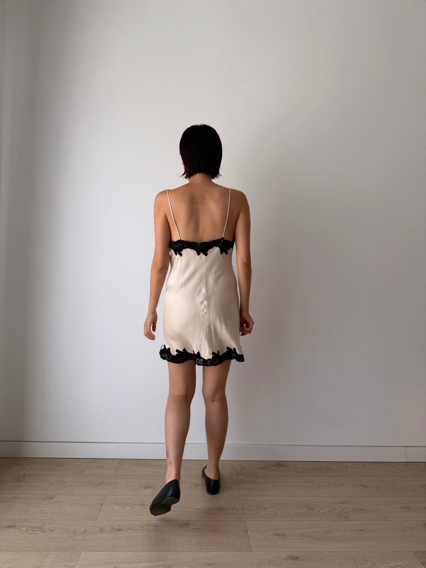 1930s 1940s Silk Lace Slip Dress, Vintage White Black Mini Dress