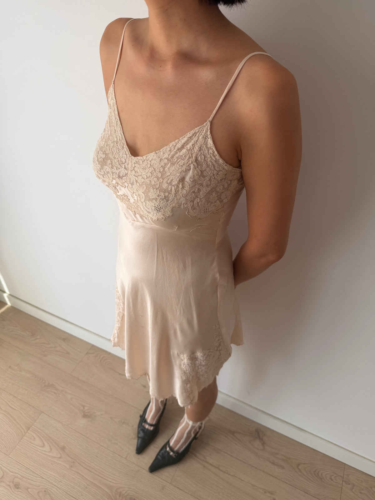 1930s Pure Silk Lace Trim Slip Dress | Bias Cut Romantic Chemise