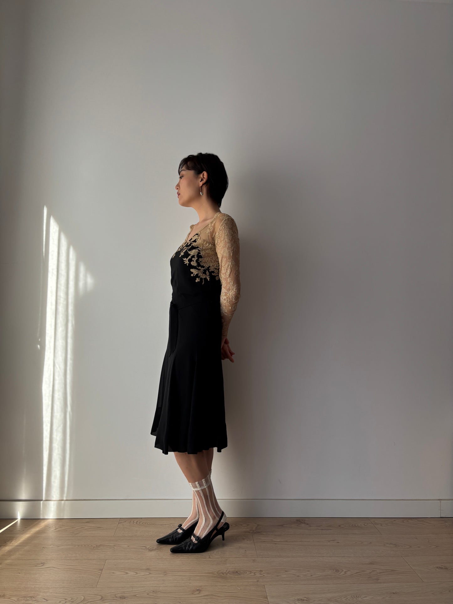 1930s Black Silk Chiffon Dress Set: Bias Cut with Floral Lace Appliqué