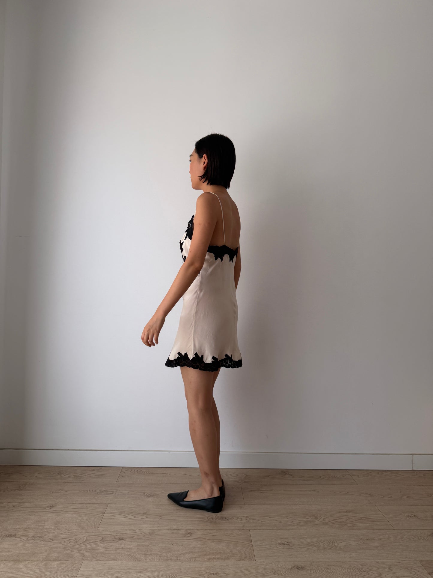 1930s 1940s Silk Lace Slip Dress, Vintage White Black Mini Dress