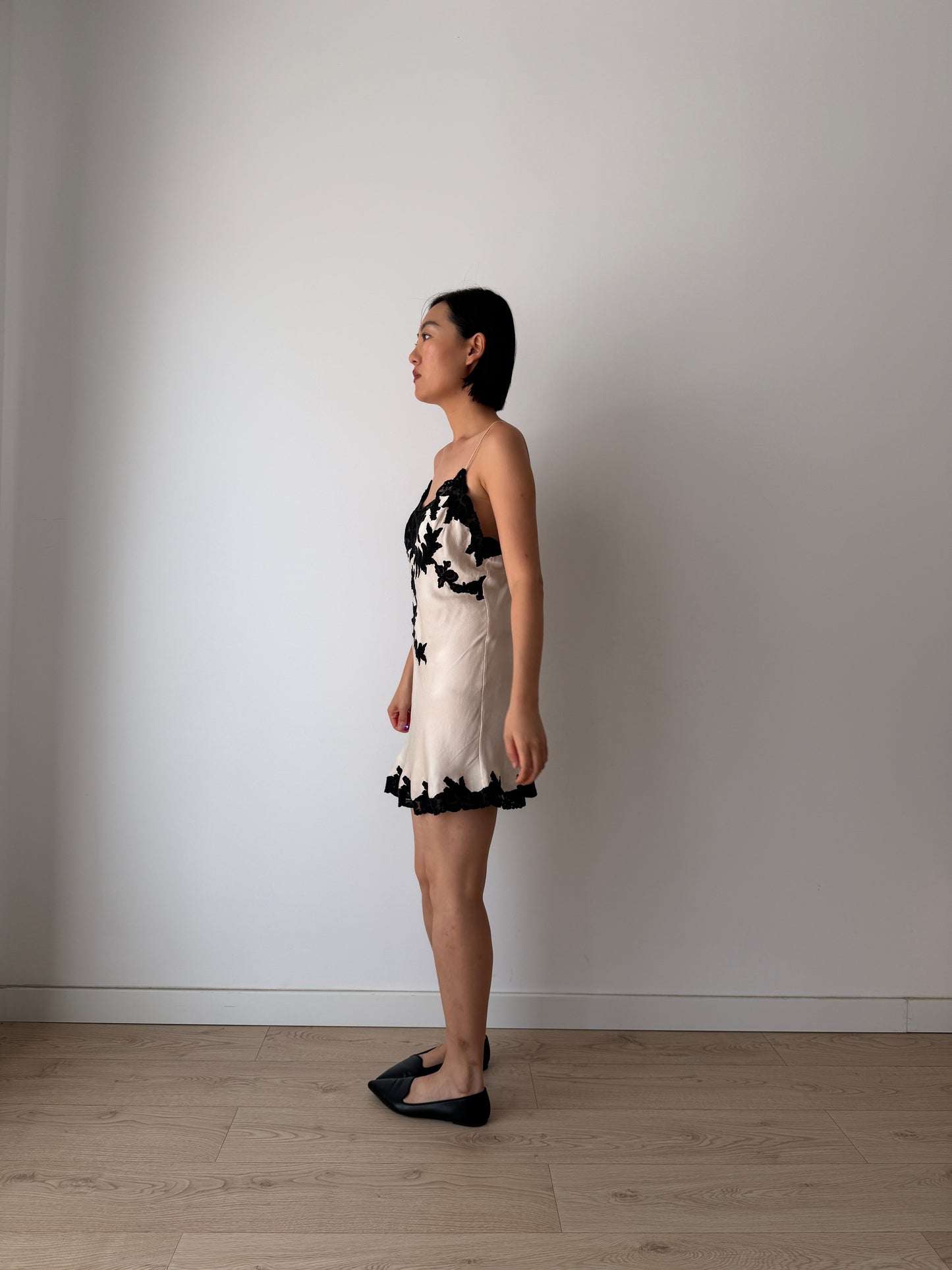 1930s 1940s Silk Lace Slip Dress, Vintage White Black Mini Dress