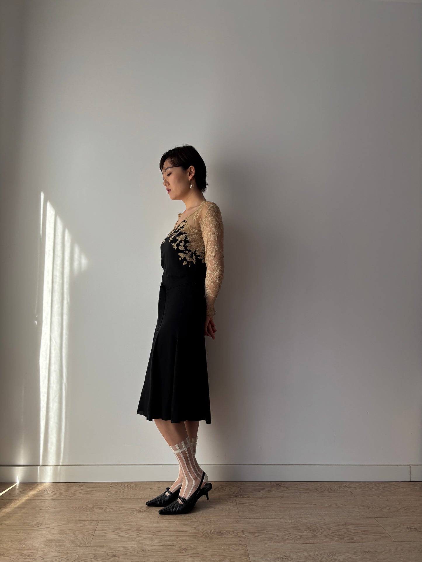 1930s Black Silk Chiffon Dress Set: Bias Cut with Floral Lace Appliqué