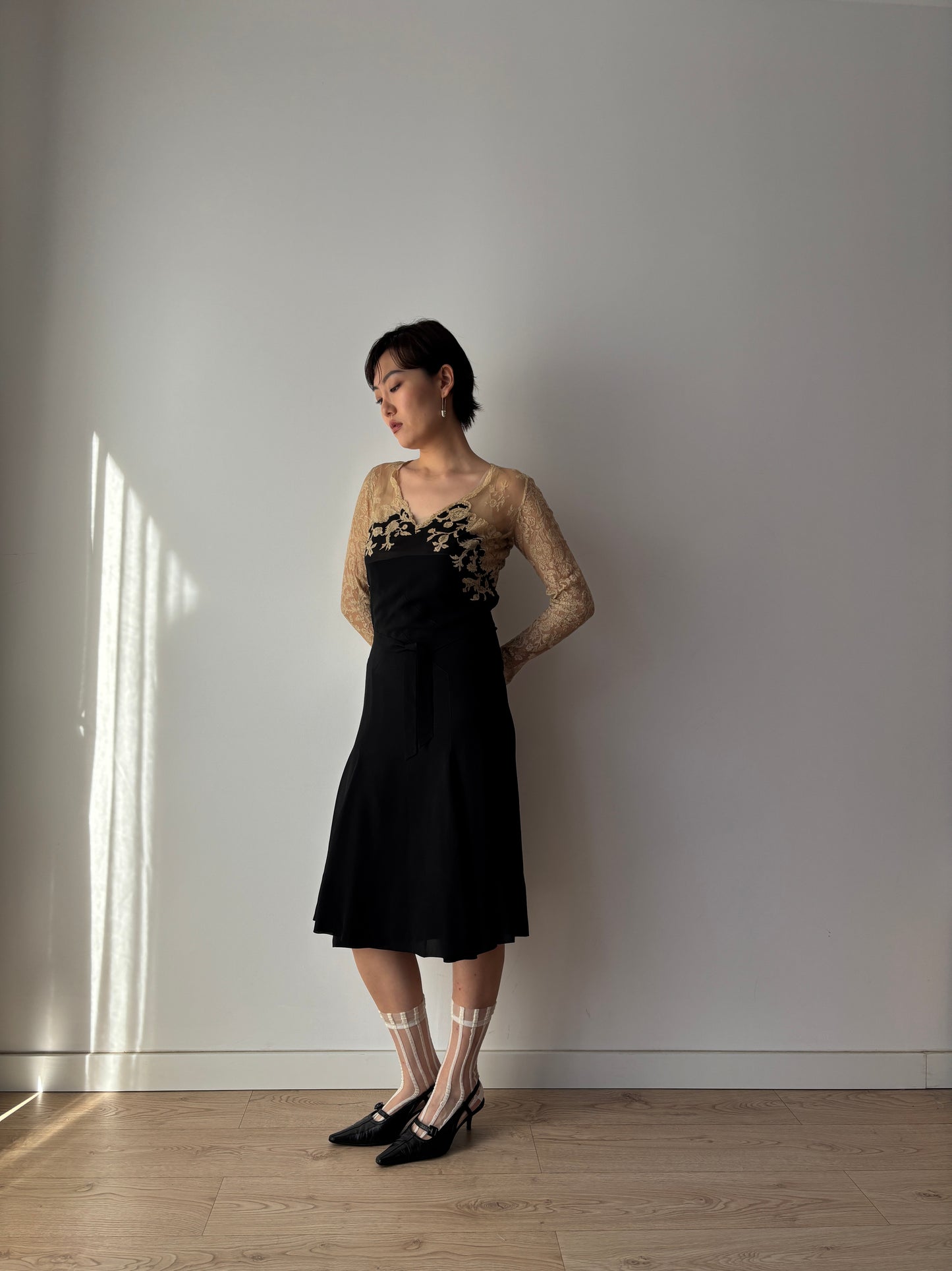 1930s Black Silk Chiffon Dress Set: Bias Cut with Floral Lace Appliqué