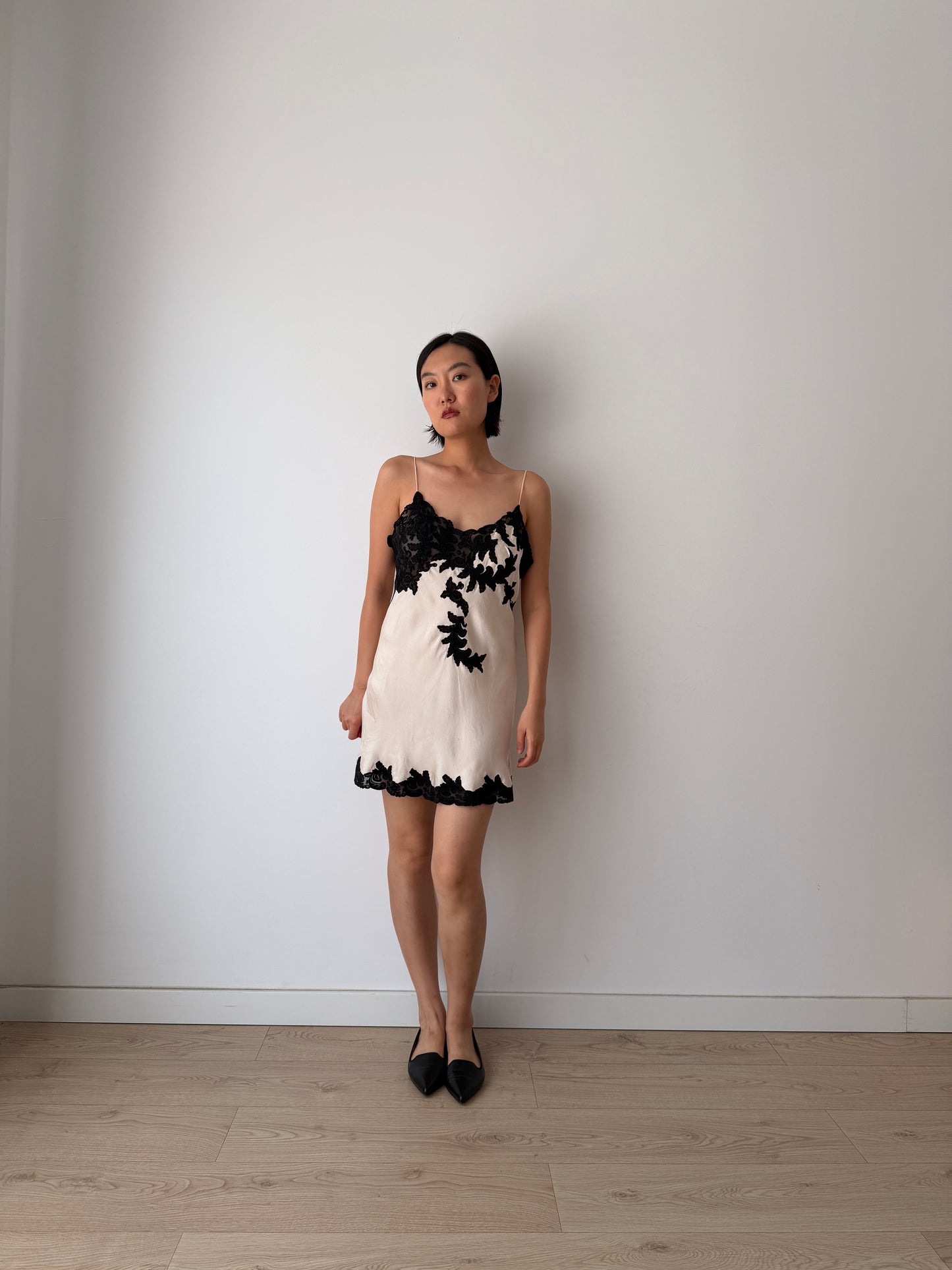 1930s 1940s Silk Lace Slip Dress, Vintage White Black Mini Dress