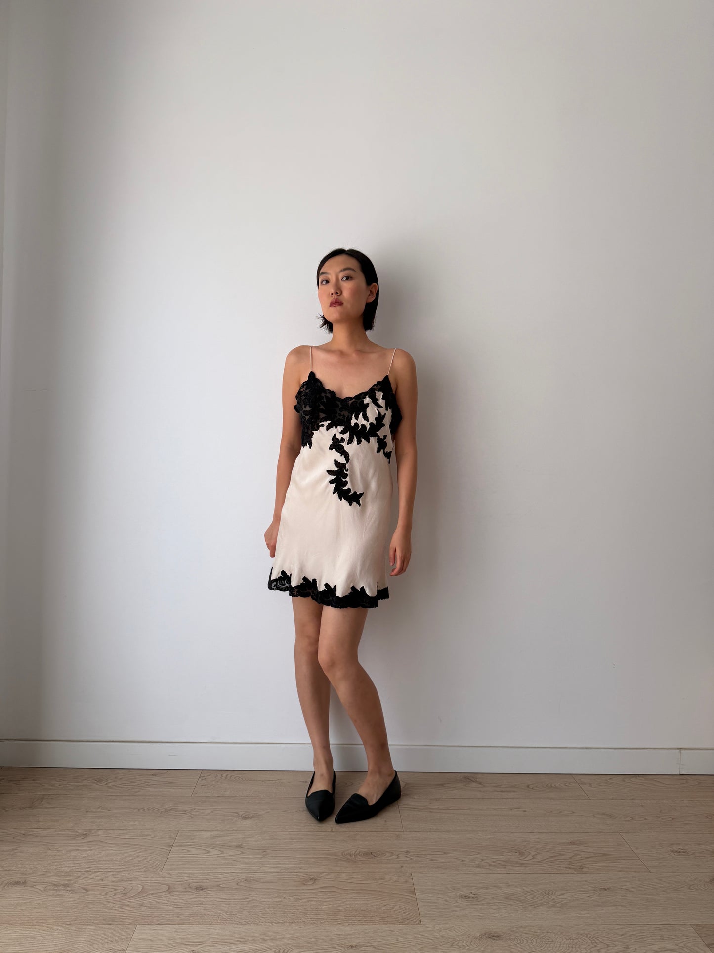1930s 1940s Silk Lace Slip Dress, Vintage White Black Mini Dress