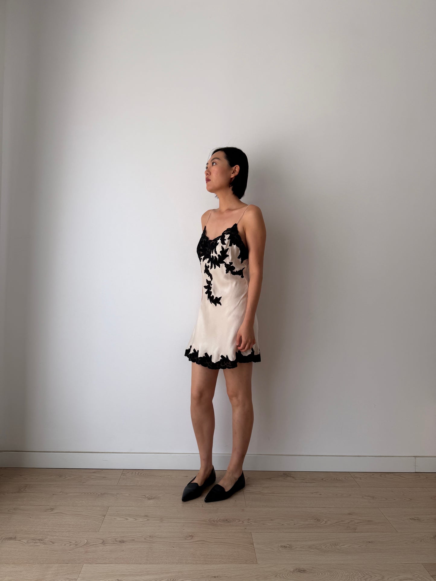 1930s 1940s Silk Lace Slip Dress, Vintage White Black Mini Dress