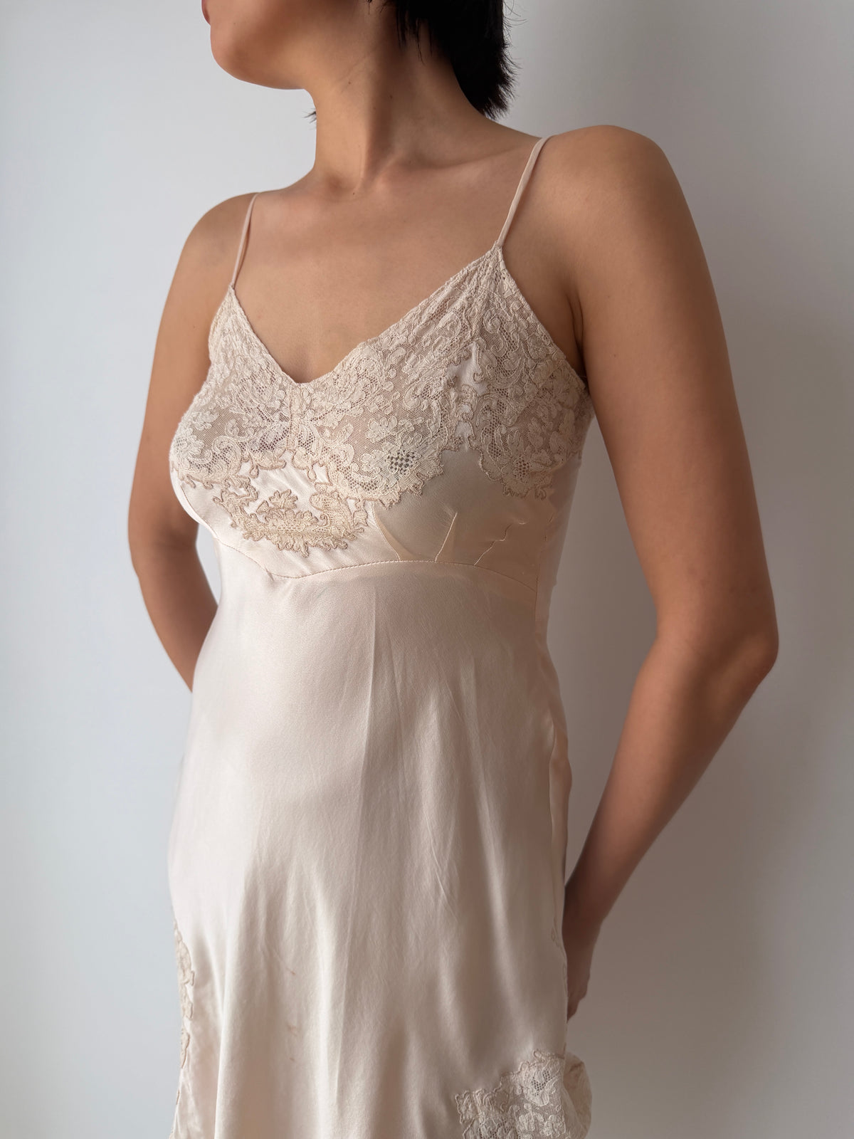 1930s Pure Silk Lace Trim Slip Dress | Bias Cut Romantic Chemise