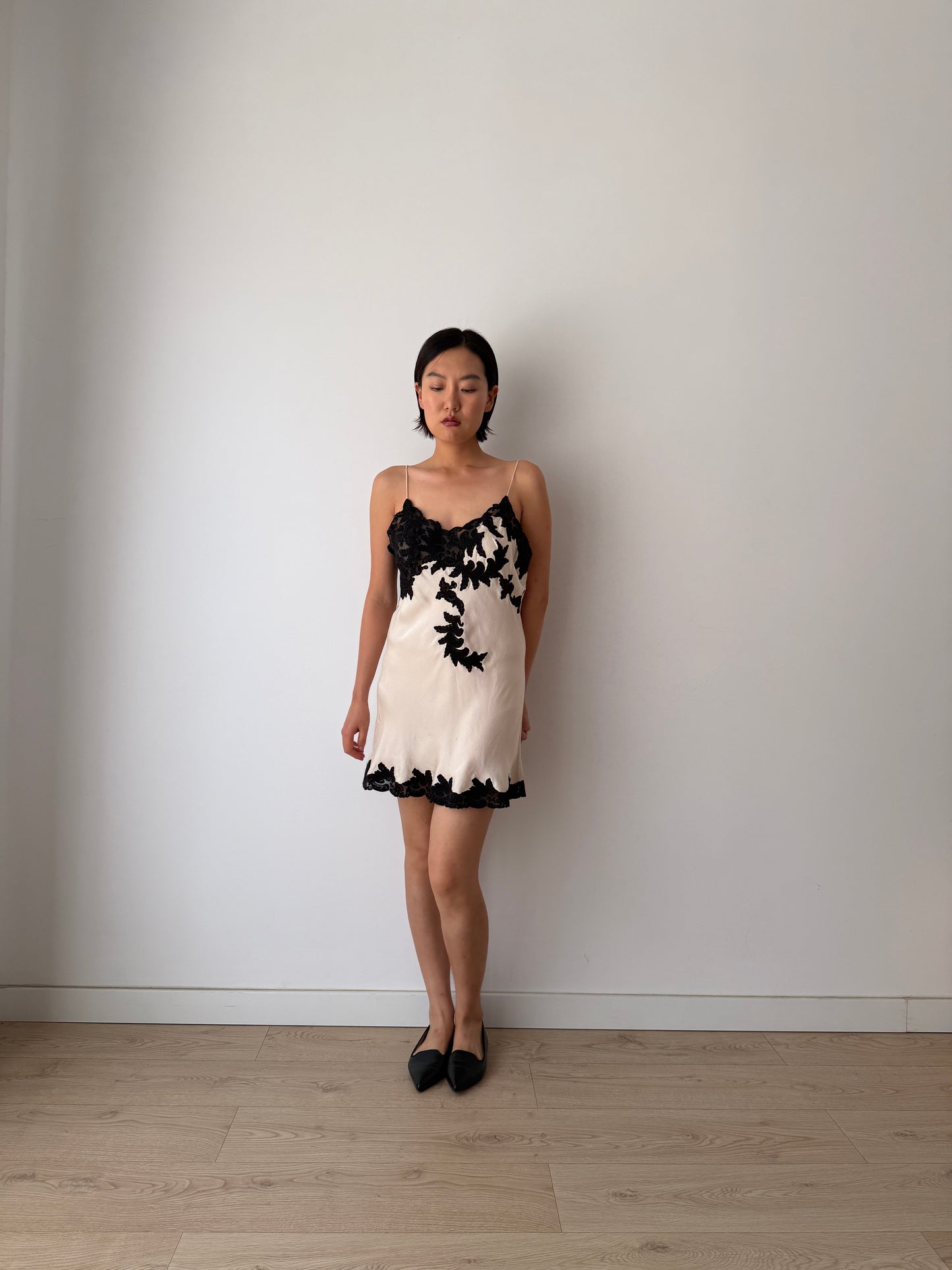 1930s 1940s Silk Lace Slip Dress, Vintage White Black Mini Dress