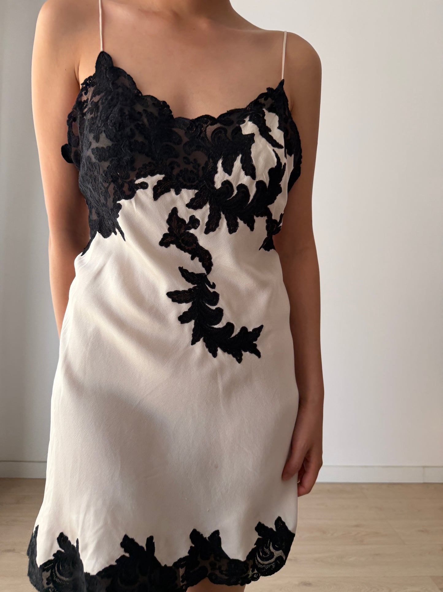 1930s 1940s Silk Lace Slip Dress, Vintage White Black Mini Dress