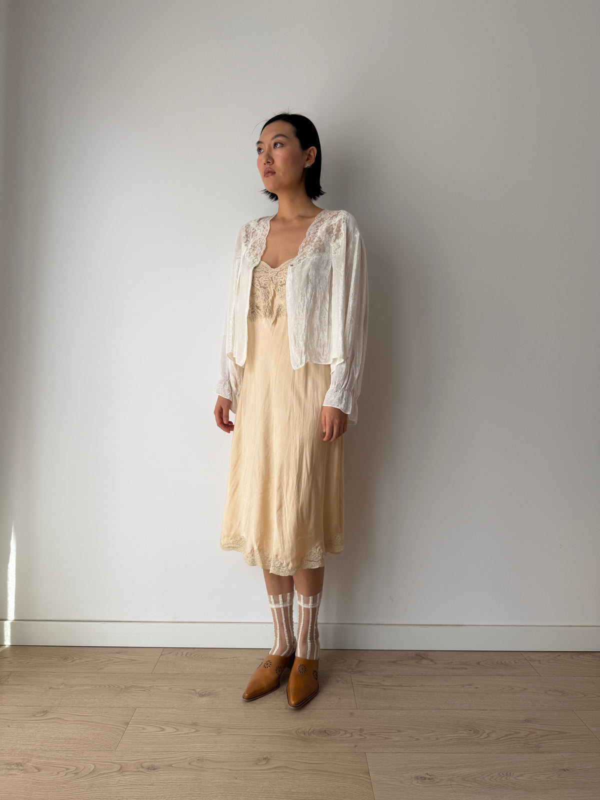 1930s Silk Velvet Bed Jacket | Antique Ivory Lace Trimmed Bolero | Vintage Loungewear