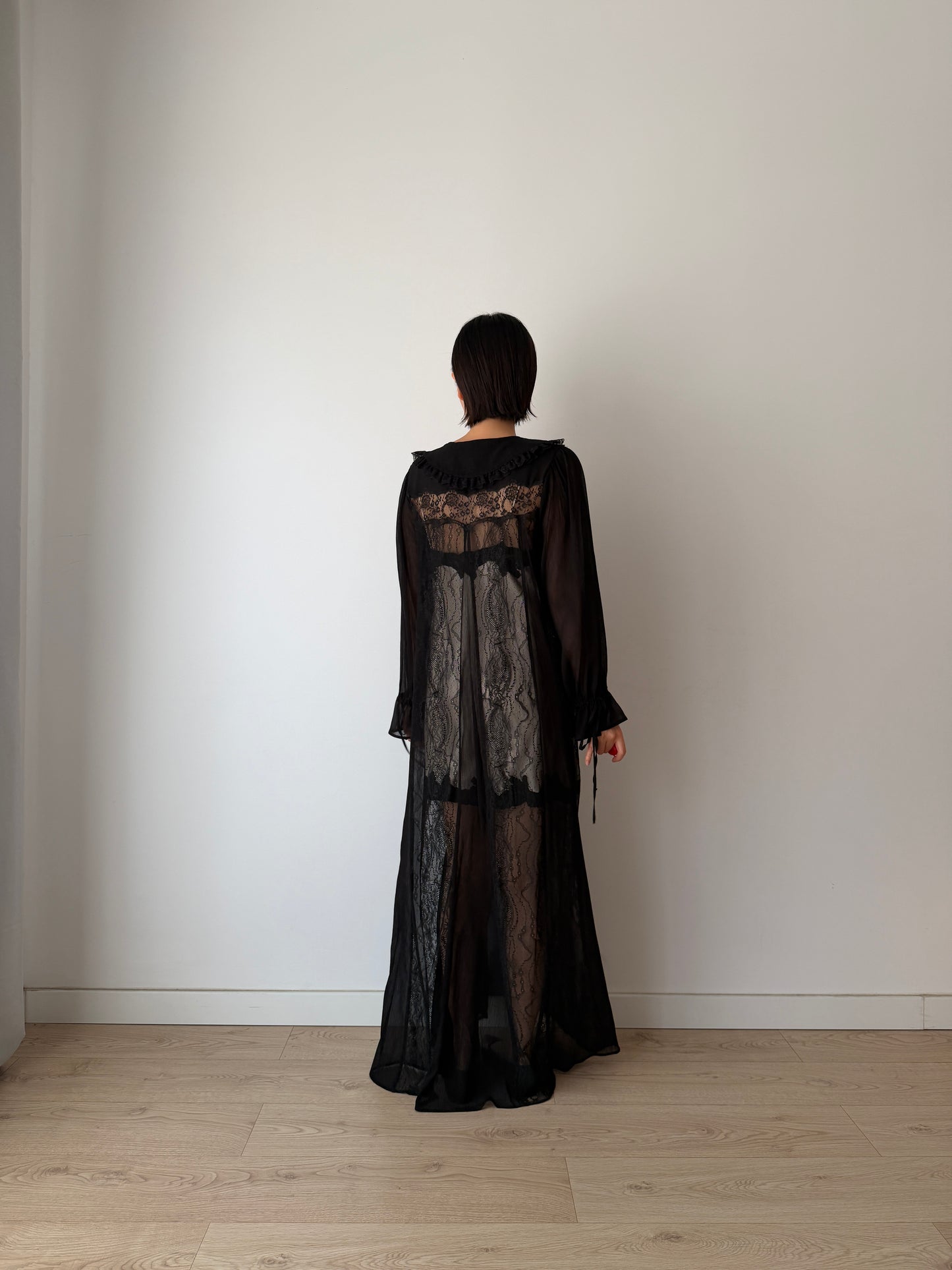 Vintage Gothic Black Lace Robe in Pure Silk Crepe with Ribbon Closure