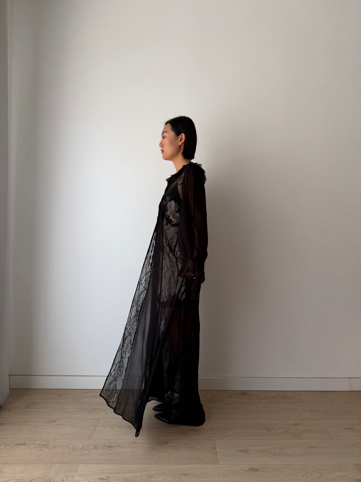 Vintage Gothic Black Lace Robe in Pure Silk Crepe with Ribbon Closure