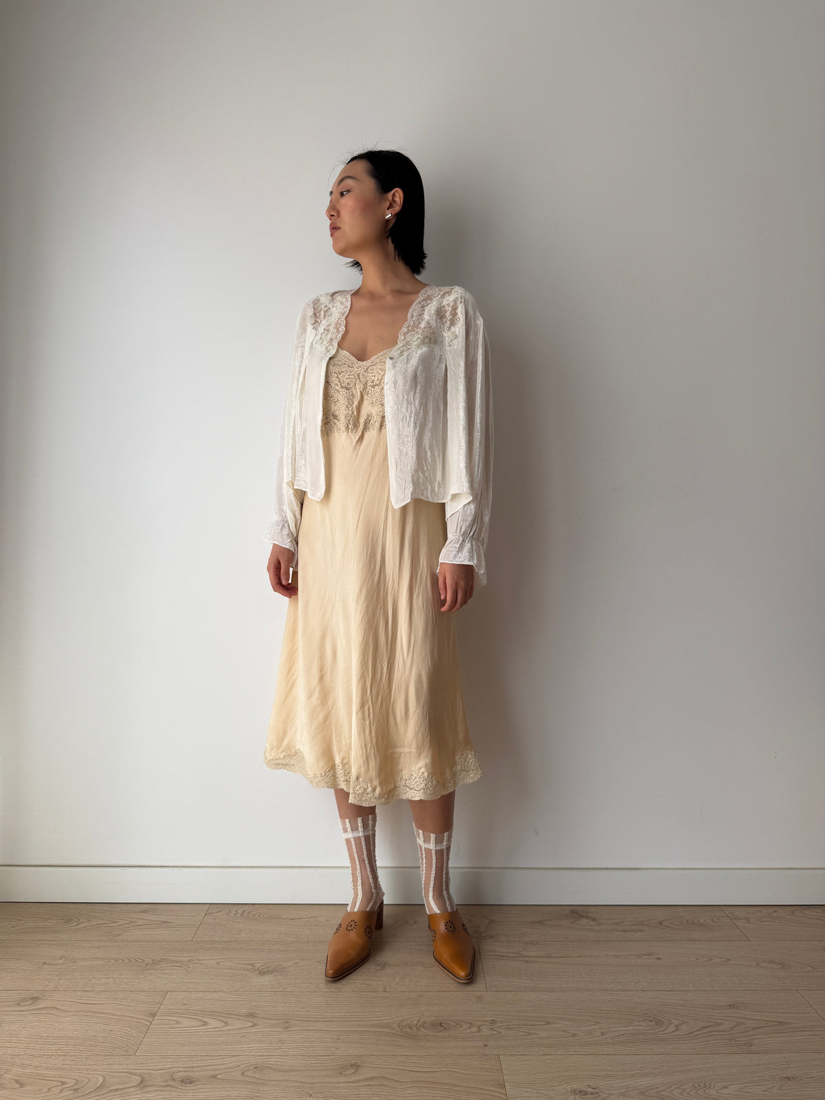 1930s Silk Velvet Bed Jacket | Antique Ivory Lace Trimmed Bolero | Vintage Loungewear