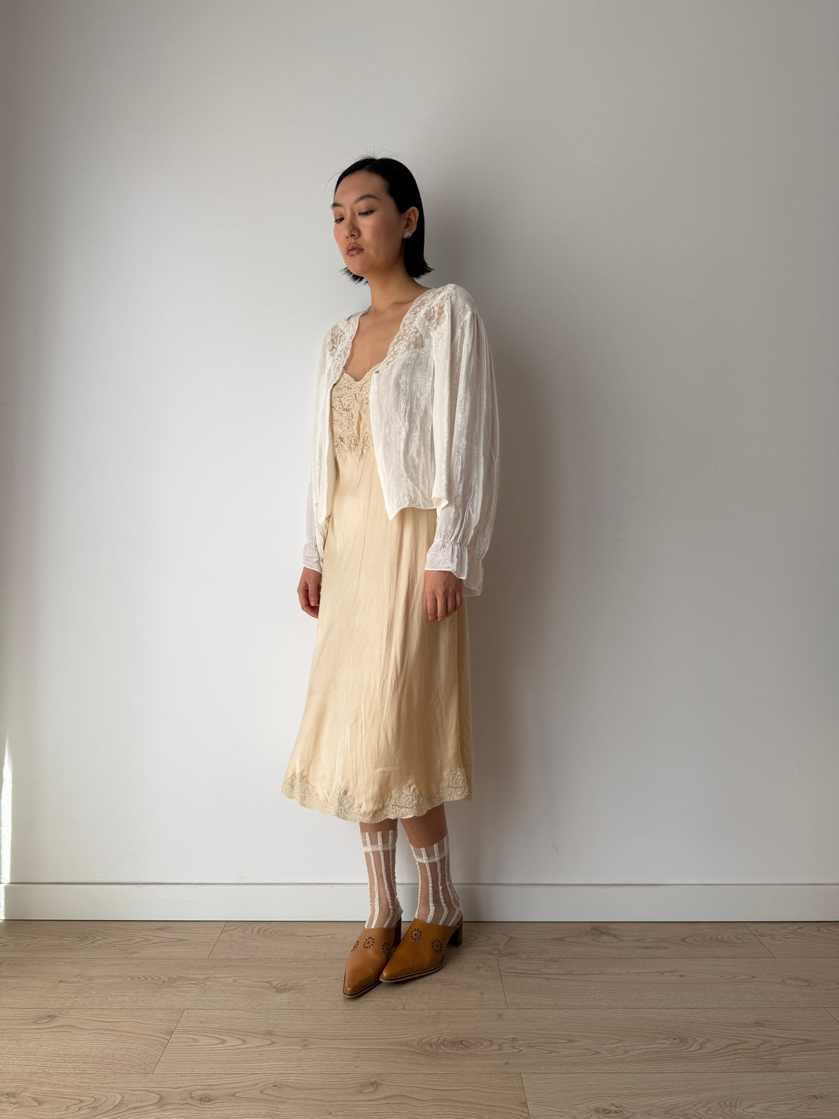 1930s Silk Velvet Bed Jacket | Antique Ivory Lace Trimmed Bolero | Vintage Loungewear