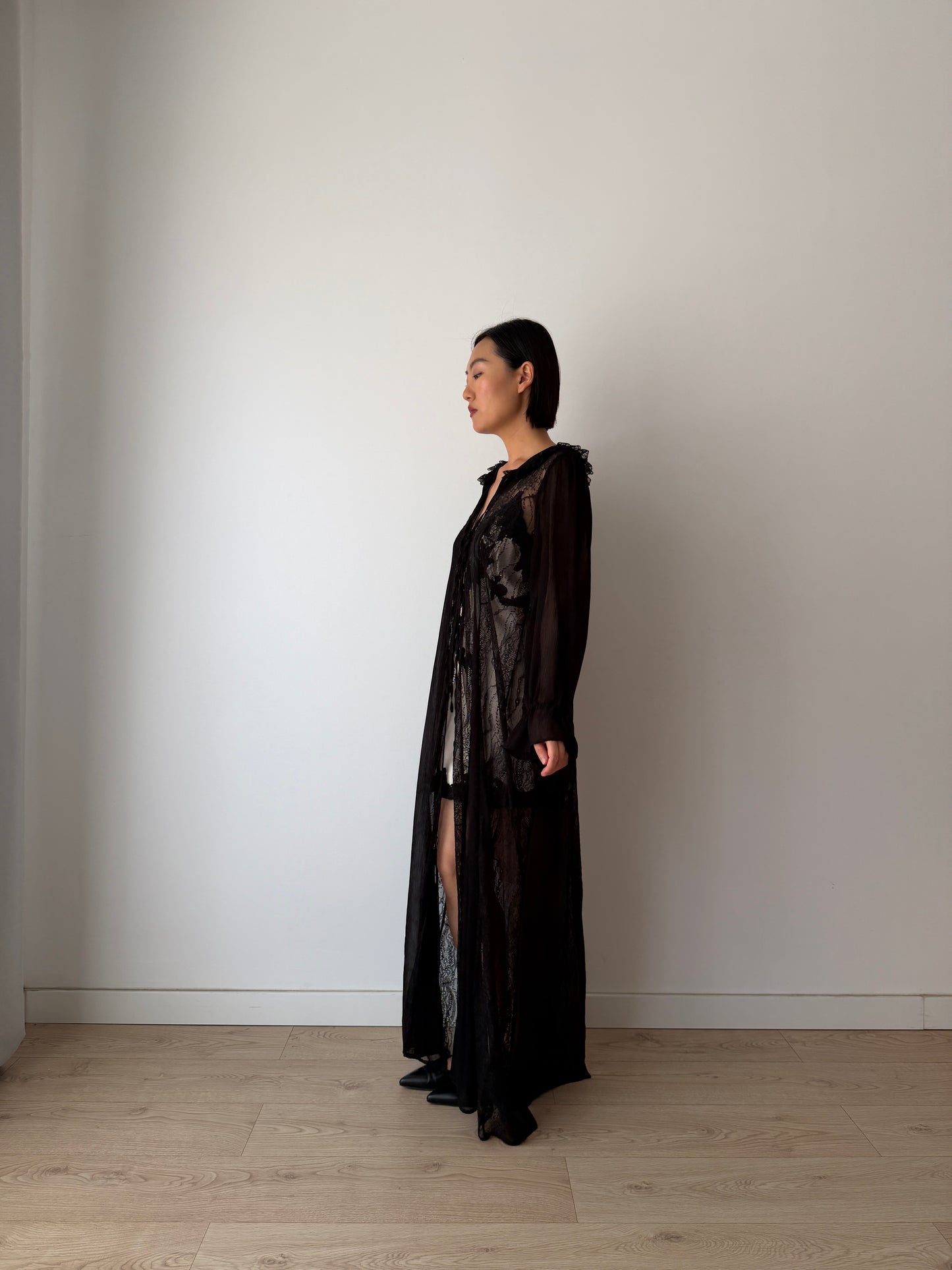 Vintage Gothic Black Lace Robe in Pure Silk Crepe with Ribbon Closure