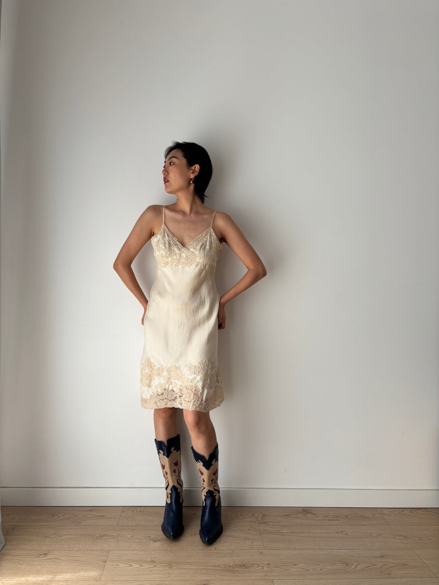 1930s Antique White Beige Rich Lace Liquid Silk Slip dress, Vintage lace mini dress