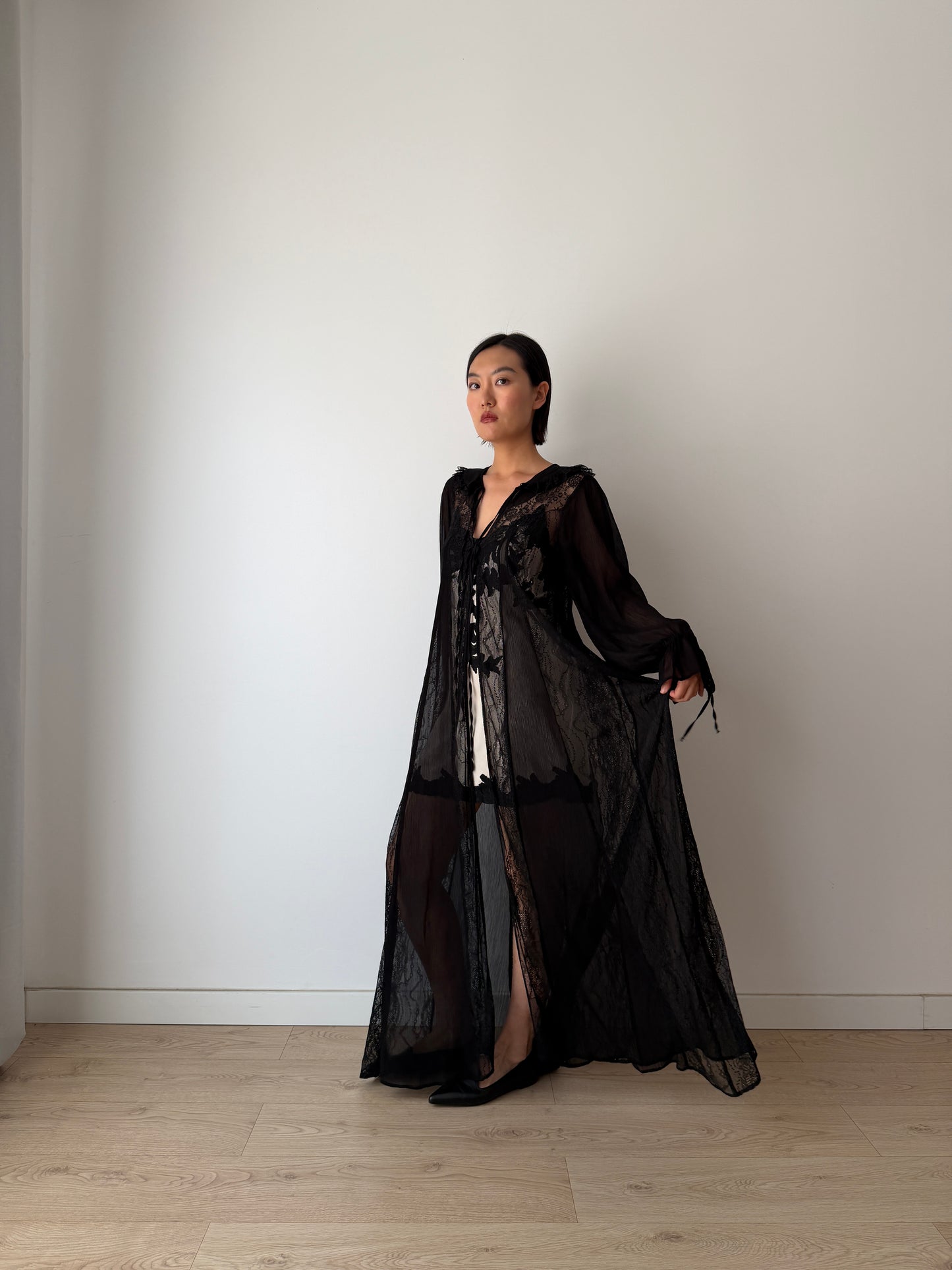 Vintage Gothic Black Lace Robe in Pure Silk Crepe with Ribbon Closure