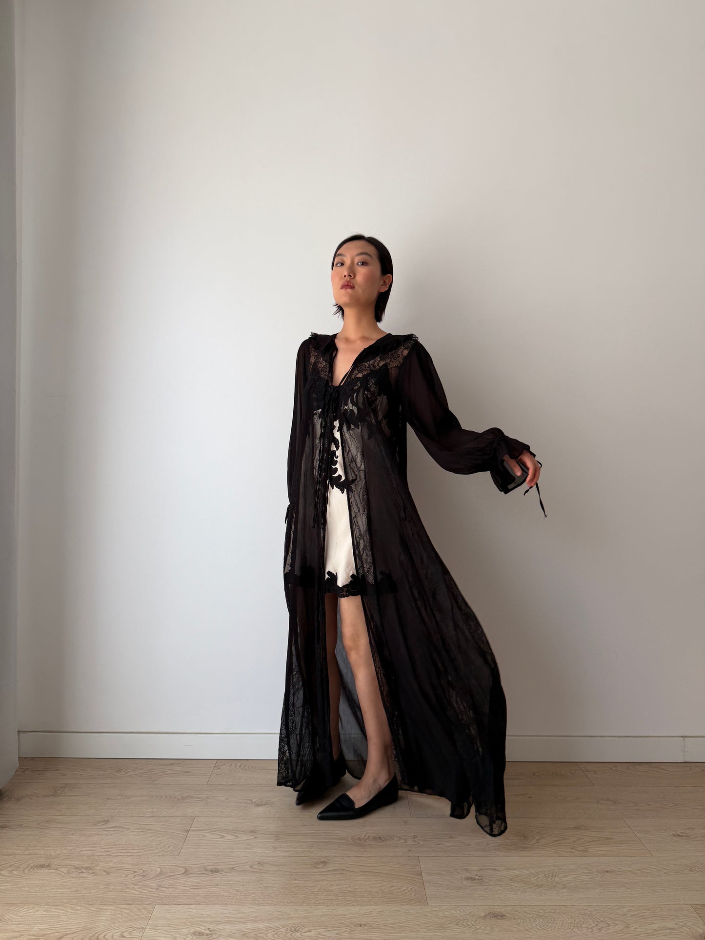 Vintage Gothic Black Lace Robe in Pure Silk Crepe with Ribbon Closure