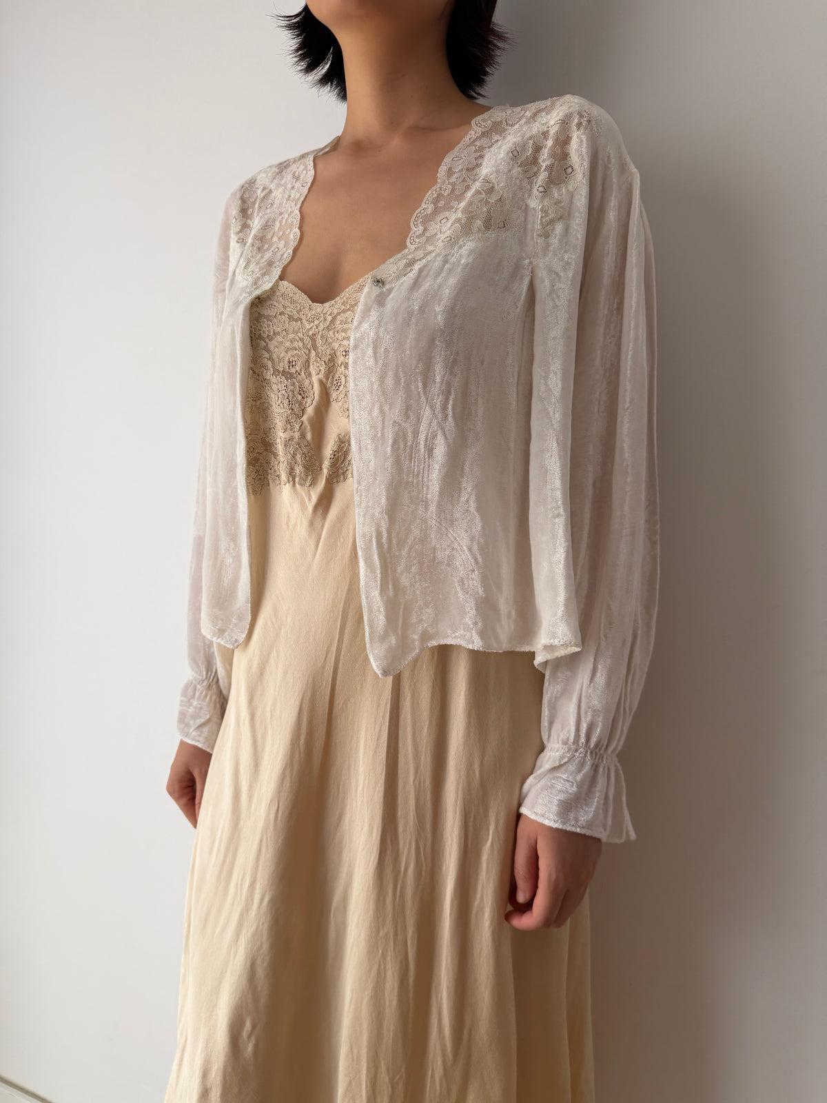 1930s Silk Velvet Bed Jacket | Antique Ivory Lace Trimmed Bolero | Vintage Loungewear
