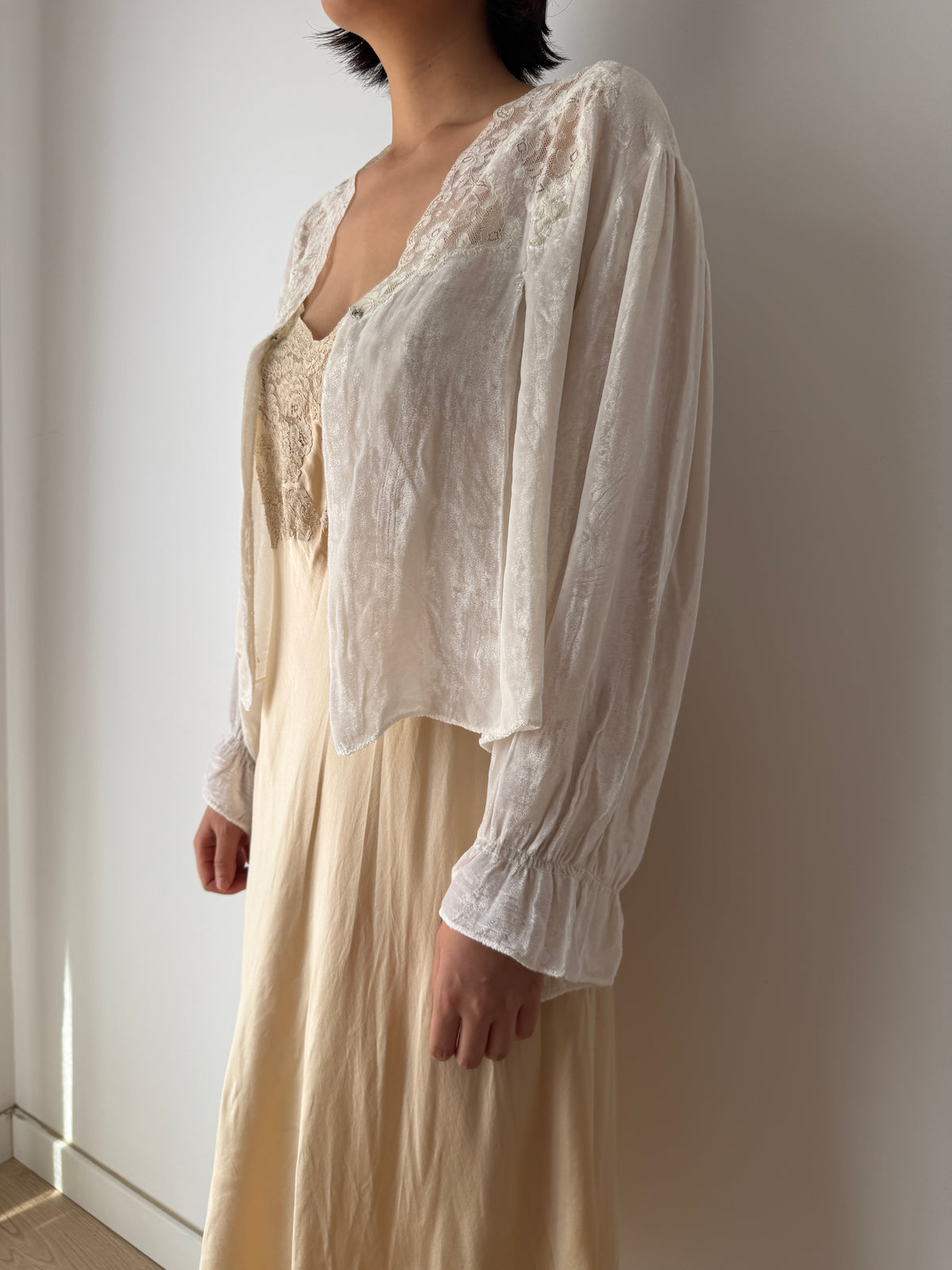 1930s Silk Velvet Bed Jacket | Antique Ivory Lace Trimmed Bolero | Vintage Loungewear