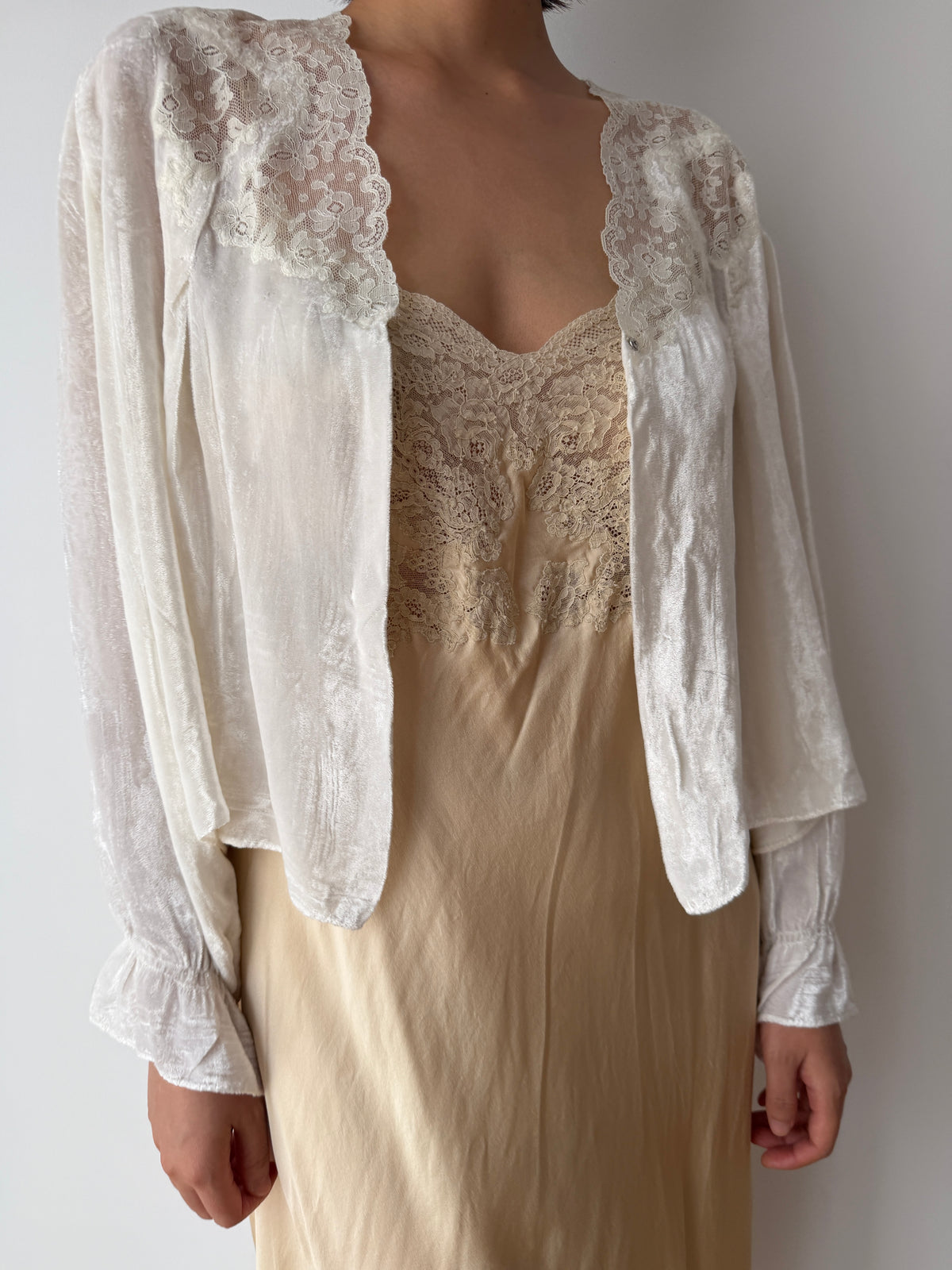 1930s Silk Velvet Bed Jacket | Antique Ivory Lace Trimmed Bolero | Vintage Loungewear