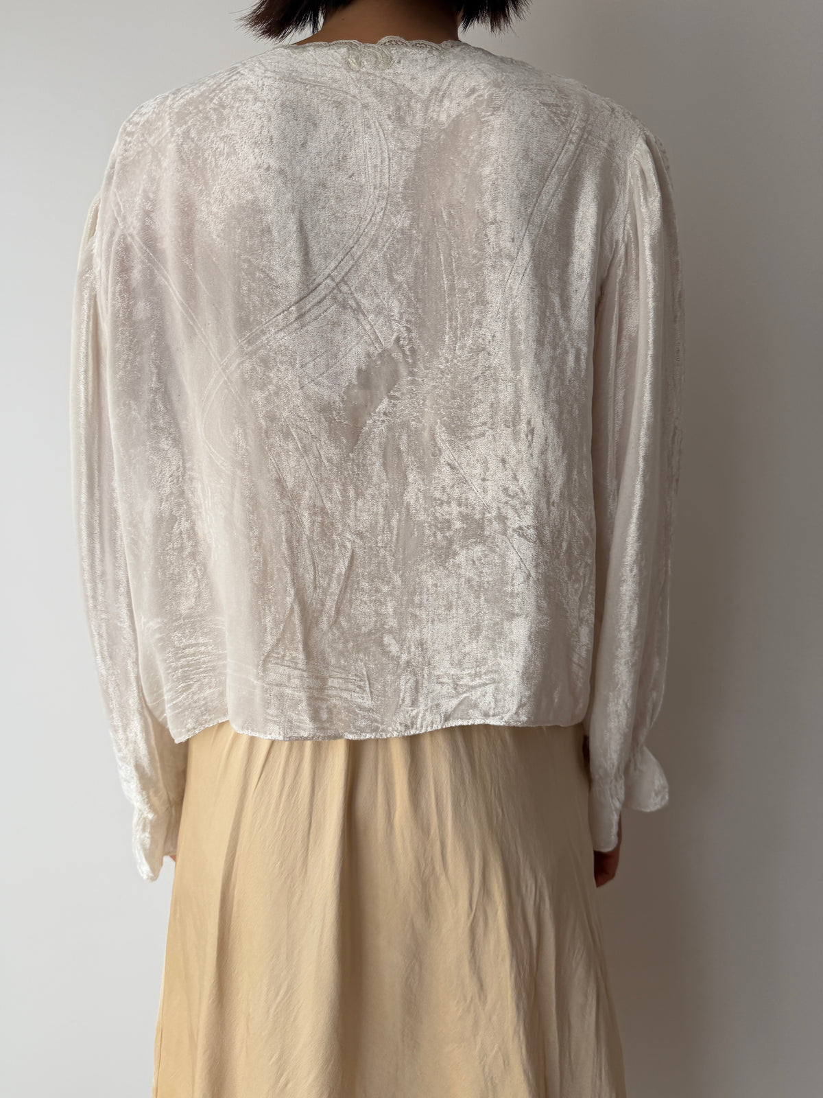 1930s Silk Velvet Bed Jacket | Antique Ivory Lace Trimmed Bolero | Vintage Loungewear