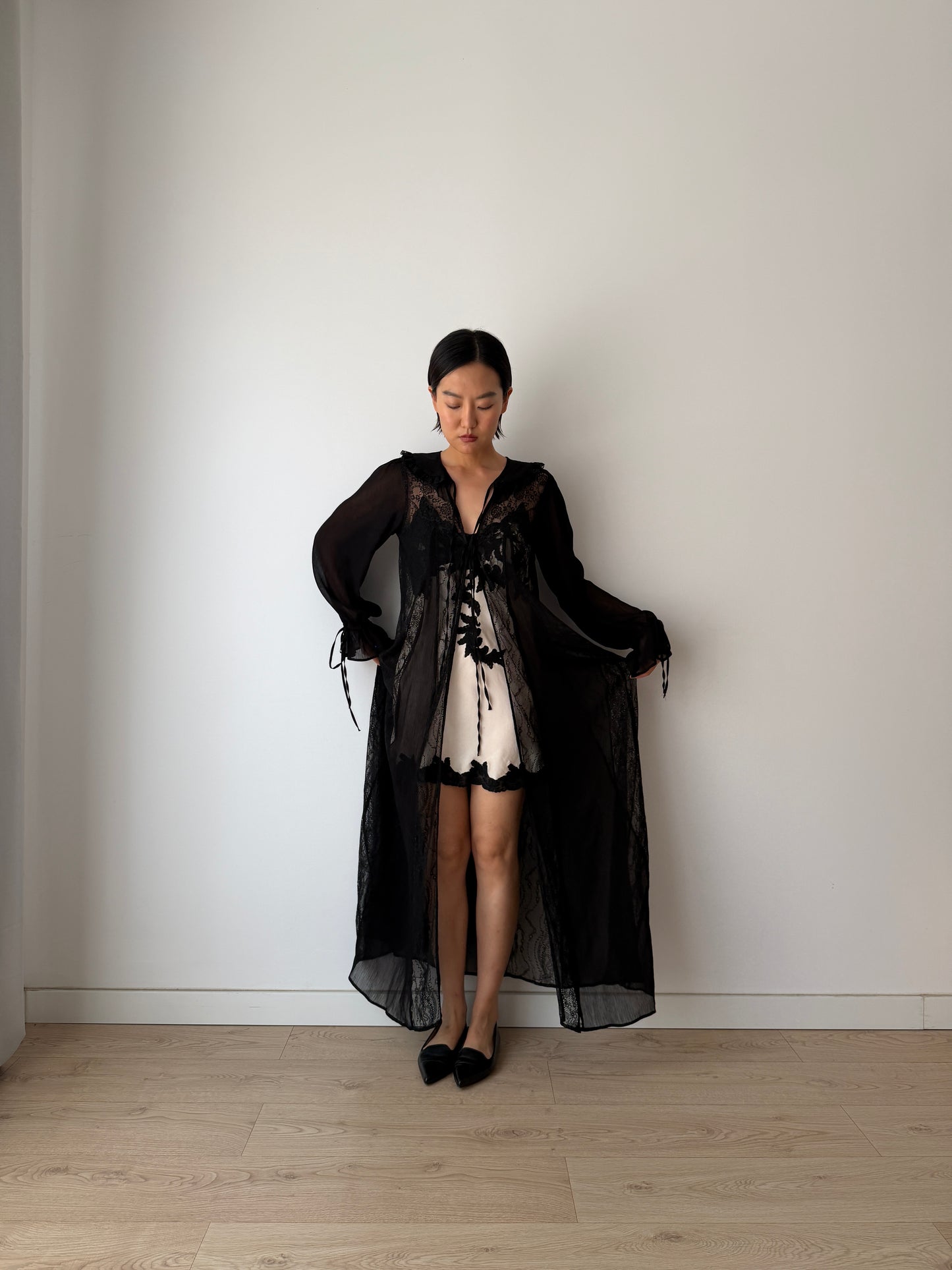Vintage Gothic Black Lace Robe in Pure Silk Crepe with Ribbon Closure