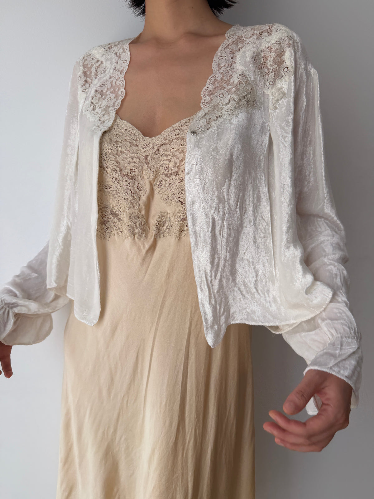 1930s Silk Velvet Bed Jacket | Antique Ivory Lace Trimmed Bolero | Vintage Loungewear