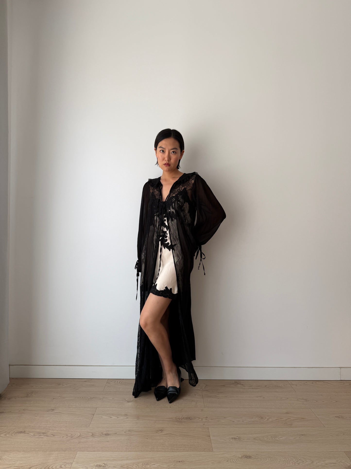 Vintage Gothic Black Lace Robe in Pure Silk Crepe with Ribbon Closure