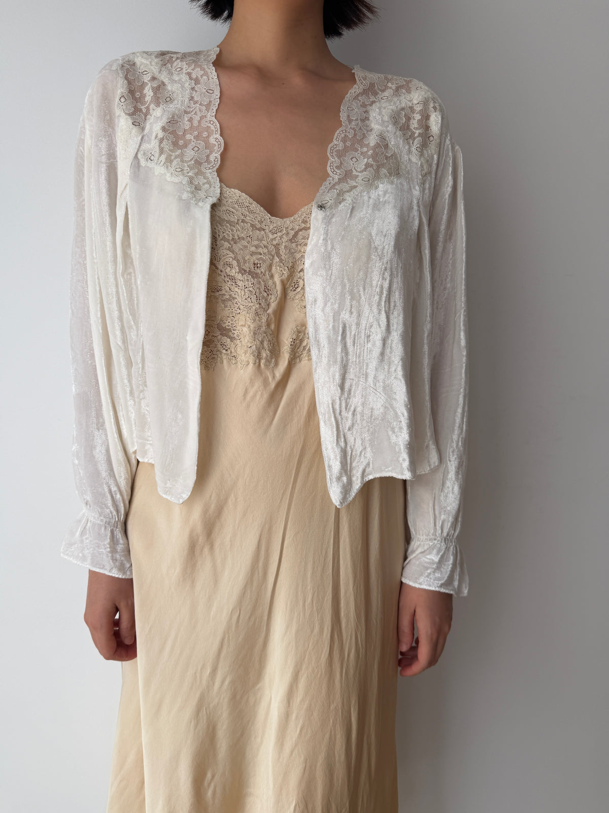 1930s Silk Velvet Bed Jacket | Antique Ivory Lace Trimmed Bolero | Vintage Loungewear