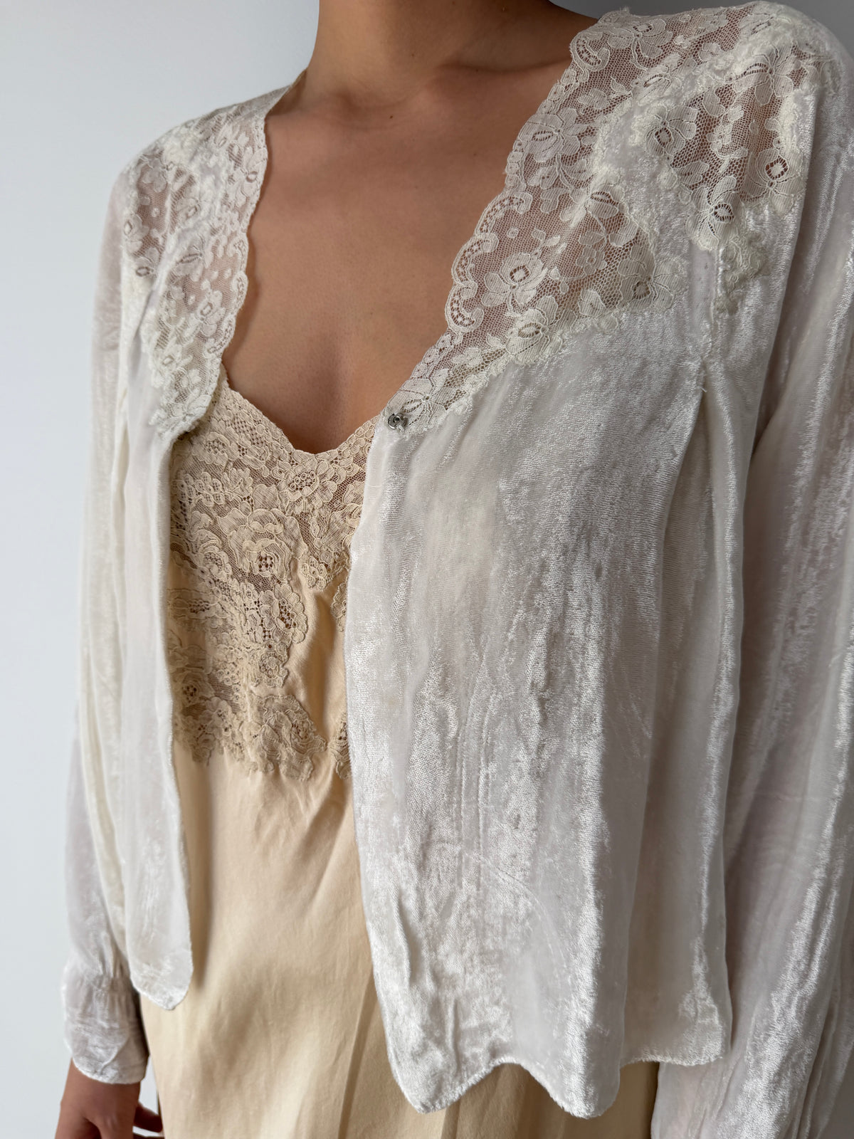 1930s Silk Velvet Bed Jacket | Antique Ivory Lace Trimmed Bolero | Vintage Loungewear