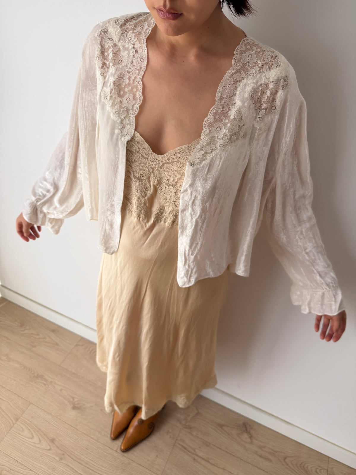 1930s Silk Velvet Bed Jacket | Antique Ivory Lace Trimmed Bolero | Vintage Loungewear