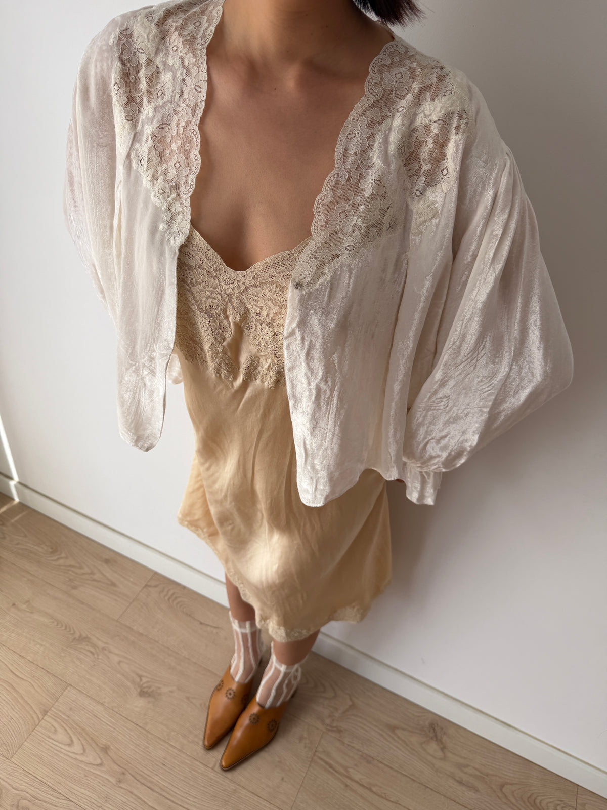 1930s Silk Velvet Bed Jacket | Antique Ivory Lace Trimmed Bolero | Vintage Loungewear