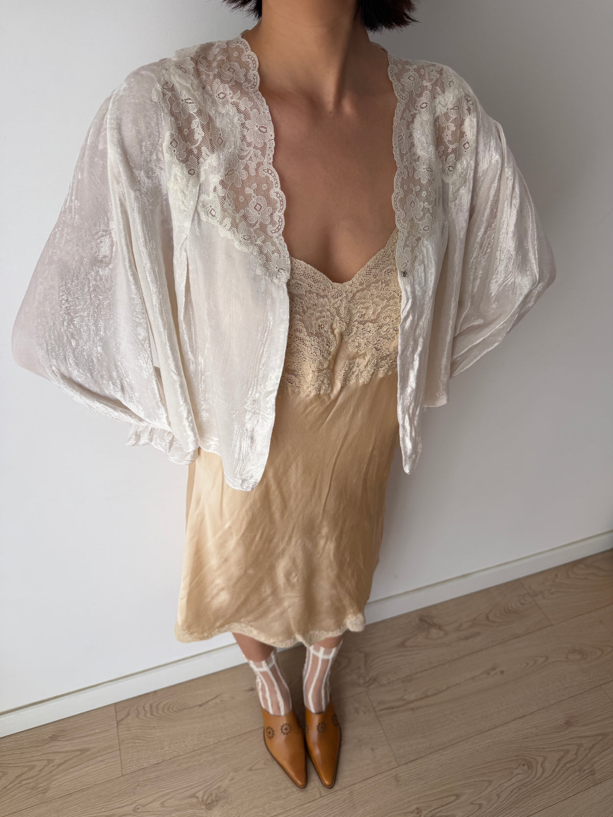 1930s Silk Velvet Bed Jacket | Antique Ivory Lace Trimmed Bolero | Vintage Loungewear