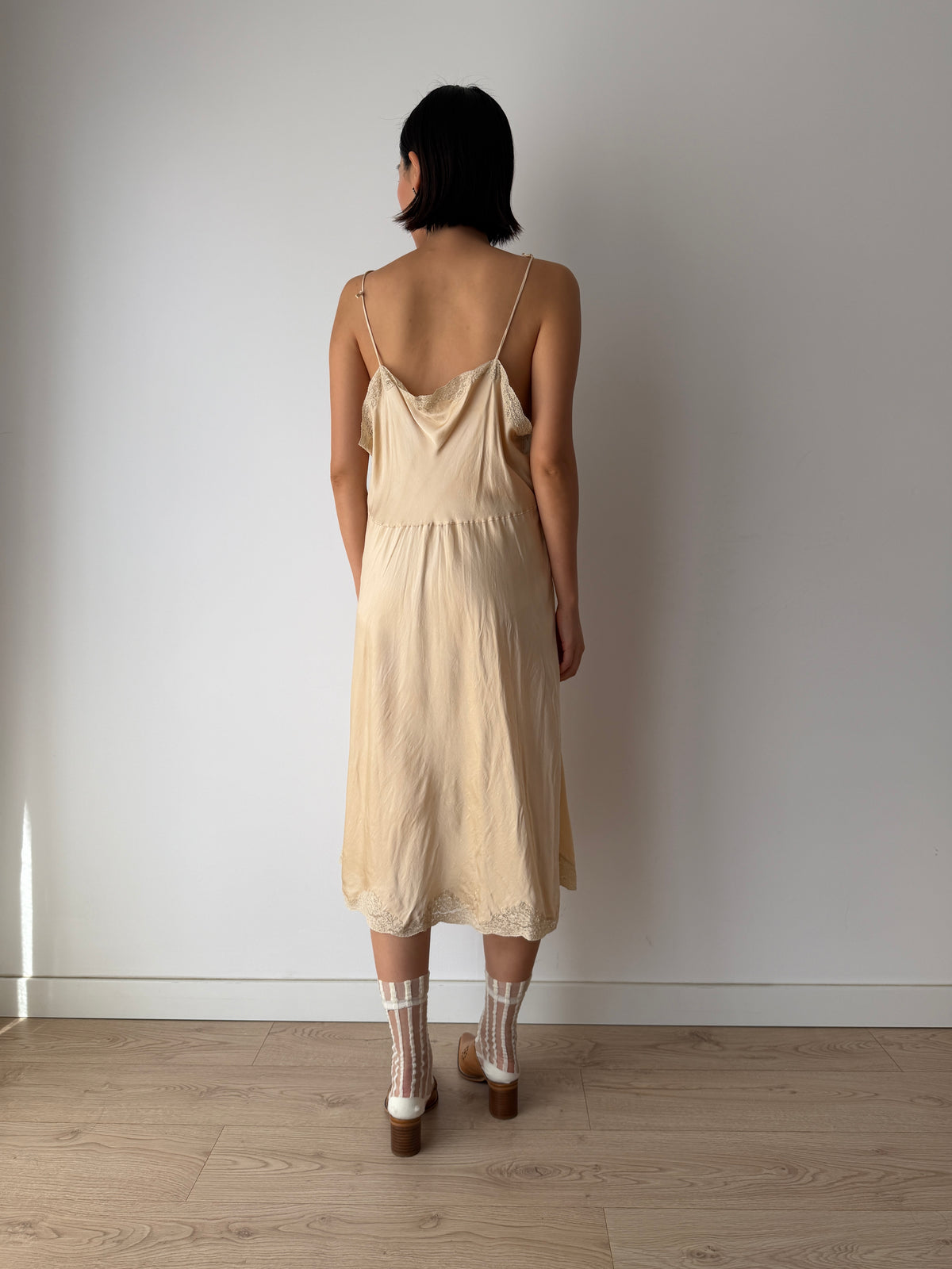 1930s Beige Silk Lace Slip Dress, Romantic Floral Antique Embroidered Appliqué Dress