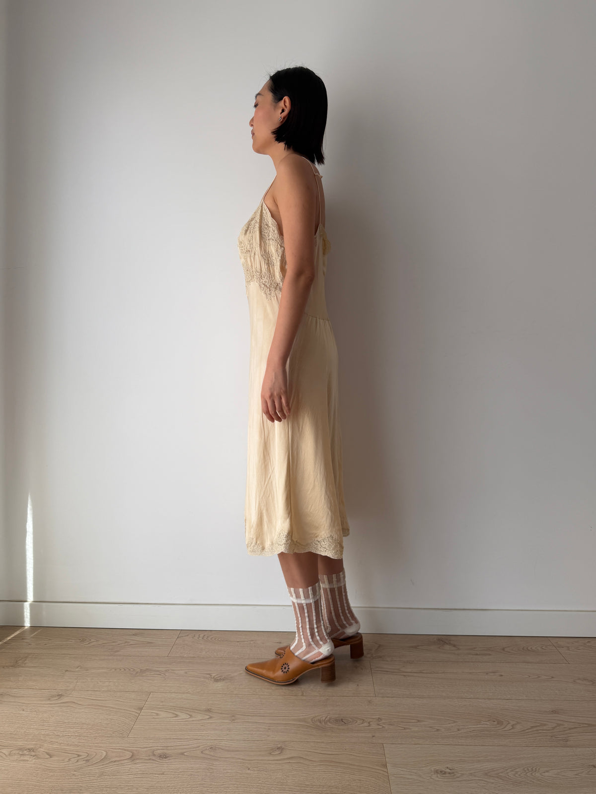 1930s Beige Silk Lace Slip Dress, Romantic Floral Antique Embroidered Appliqué Dress