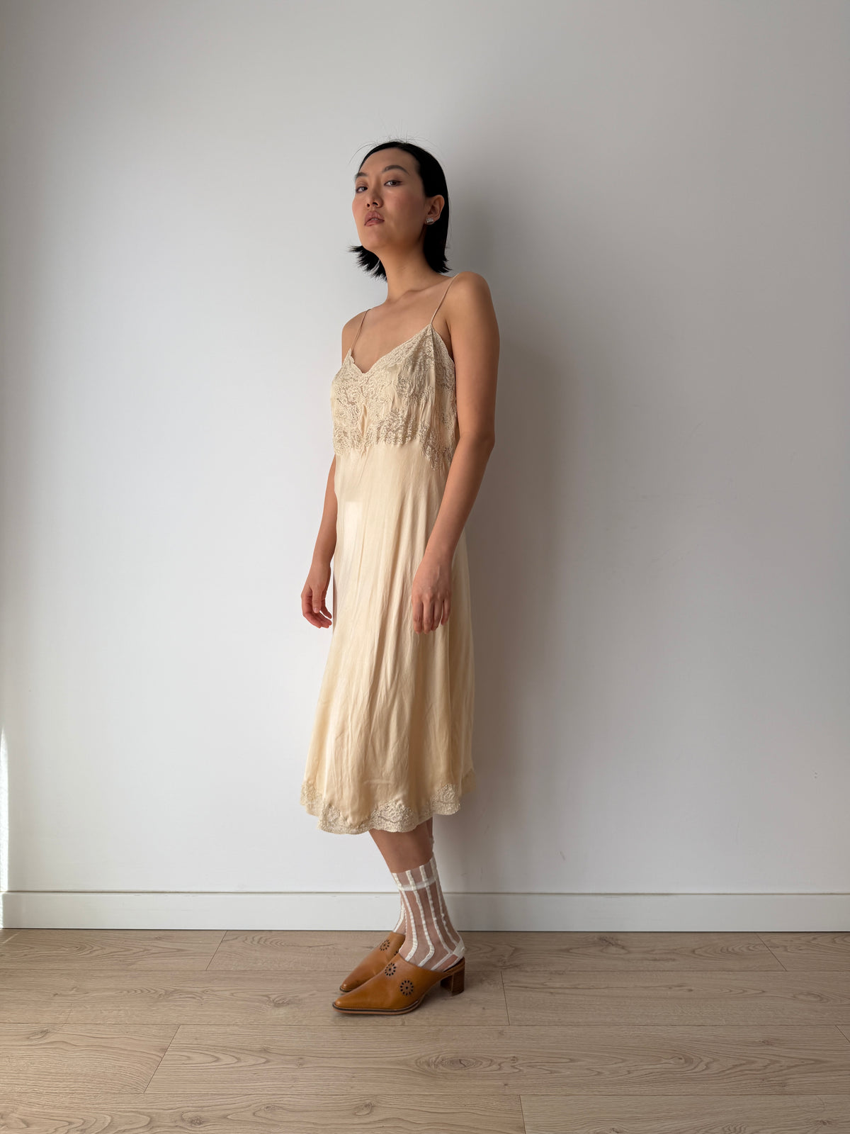 1930s Beige Silk Lace Slip Dress, Romantic Floral Antique Embroidered Appliqué Dress