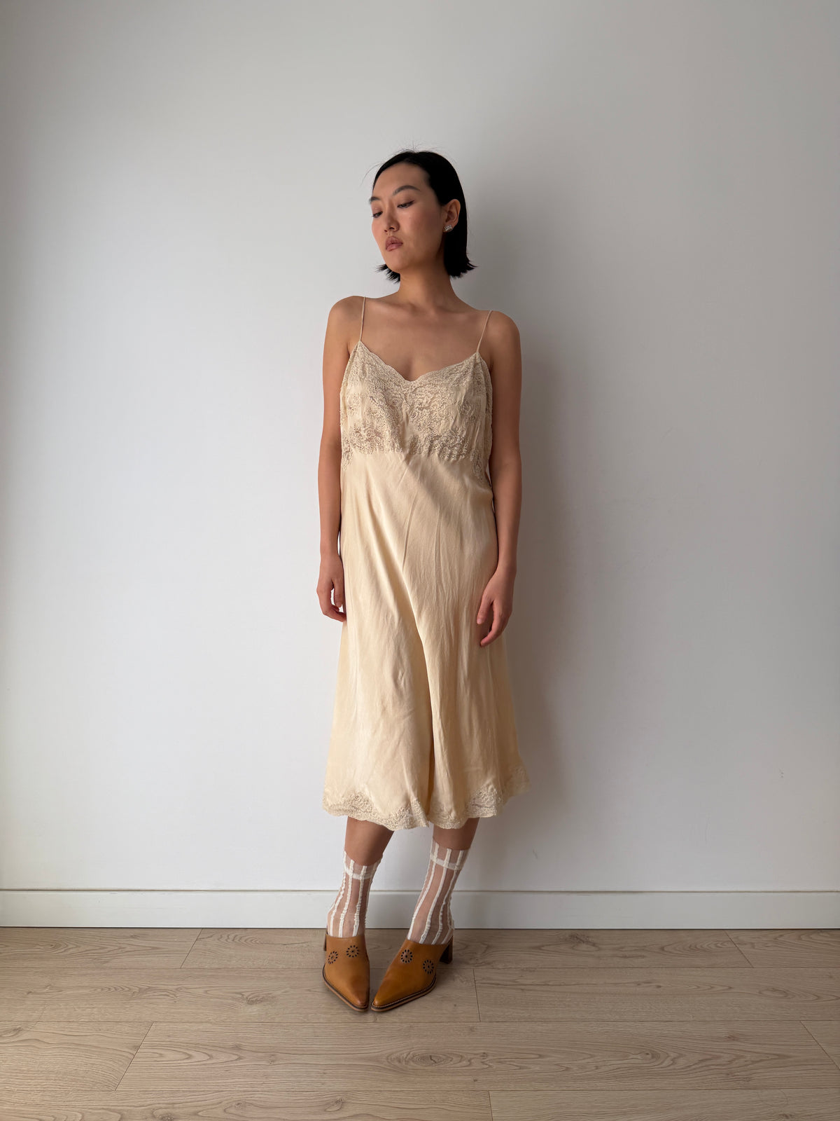 1930s Beige Silk Lace Slip Dress, Romantic Floral Antique Embroidered Appliqué Dress