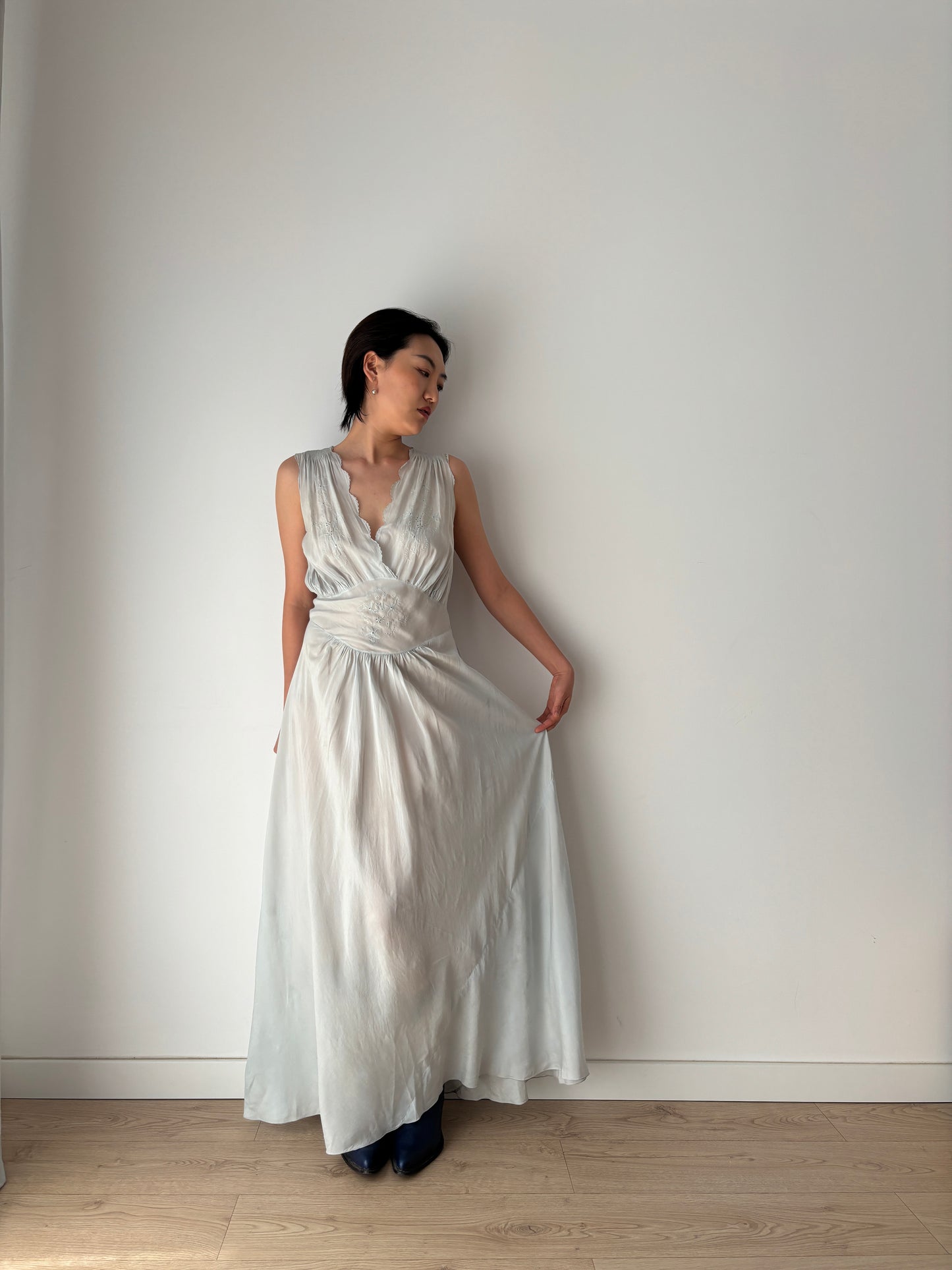 Antique vintage 1930s 1940s liquid pure silk crepe maxi dress