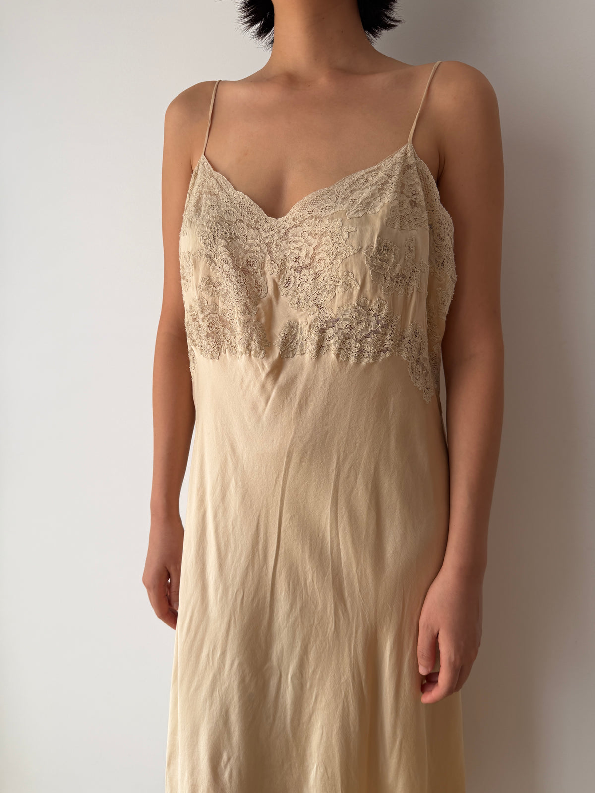 1930s Beige Silk Lace Slip Dress, Romantic Floral Antique Embroidered Appliqué Dress