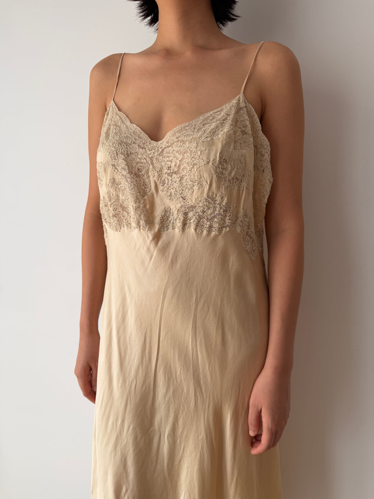 1930s Beige Silk Lace Slip Dress, Romantic Floral Antique Embroidered Appliqué Dress