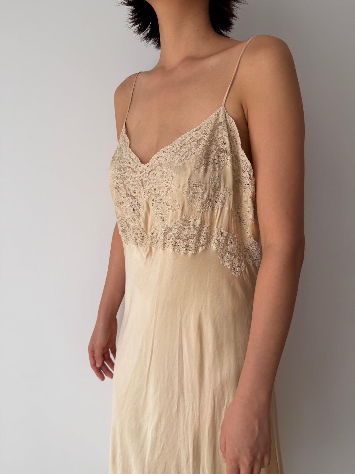 1930s Beige Silk Lace Slip Dress, Romantic Floral Antique Embroidered Appliqué Dress
