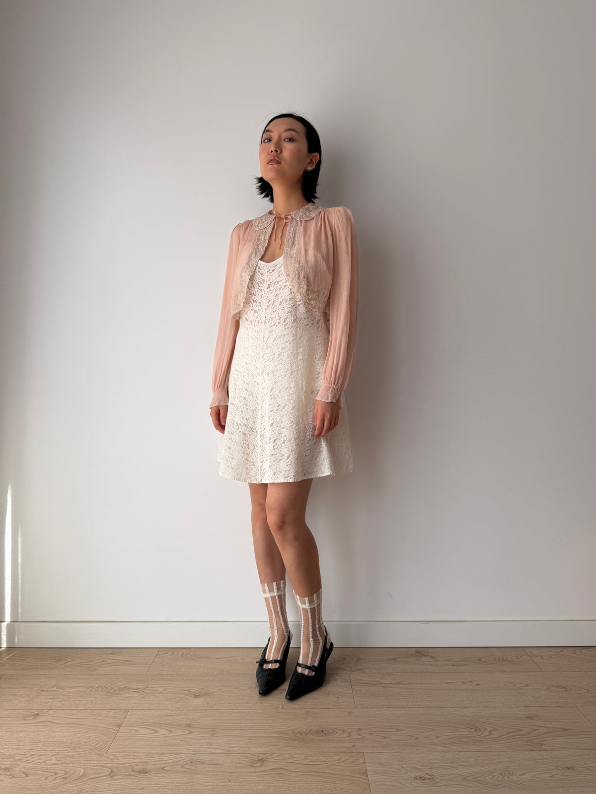 1930s Pale Pink Pure Silk Bolero | Antique 30s Lace Trimmed Jacket | Sheer Vintage Shrug