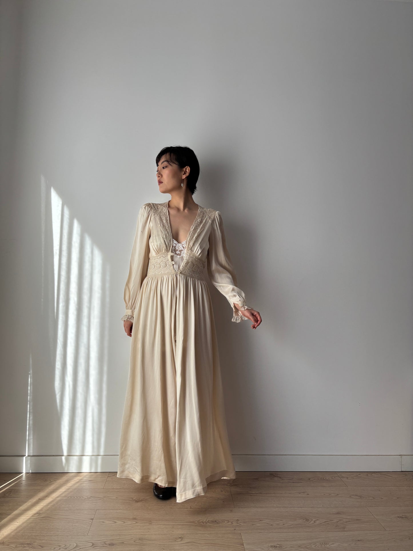 1930s French Lace Negligee: Silk & Lace Bridal Robe